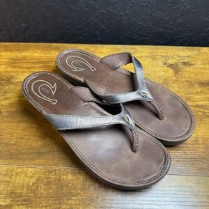 Olukai Brown Leather Metallic Thong Sandals Flip Flops US W9 EUR 40